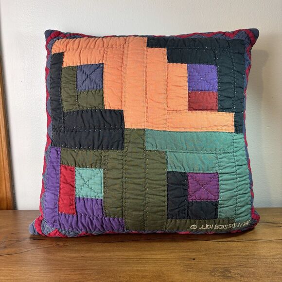 VTG Judi Boisson Cotton Log Cabin Patchwork Quilted Throw Pillow 90s 16x16" - Picture 4 of 8
